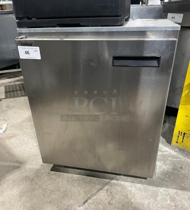 Delfield stainless steel single door undercounter refrigerator, Model 406CADHLDD1, Energy Star certified, with casters.