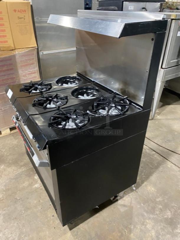 Garland Commercial stainless steel 6-burner gas range/oven combo with back splash, overhead salamander shelf, wired oven rack.