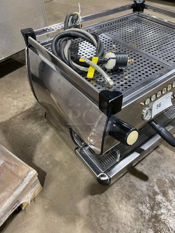 La Marzocco GB52AV 2014 stainless steel 2-group automatic espresso machine with steam wand and drip tray, in good condition.