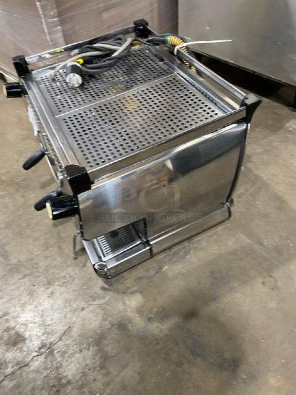 La Marzocco GB/5 2 AV commercial espresso machine, 2014, stainless steel, 2-group, steam wand, drip tray, electric, 208-240V.