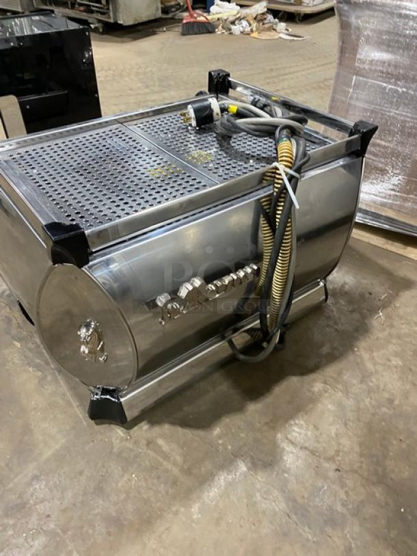 La Marzocco GB/5 2 AV stainless steel espresso machine, 2 group, electric, steam wand, drip tray, 208-240V, used.