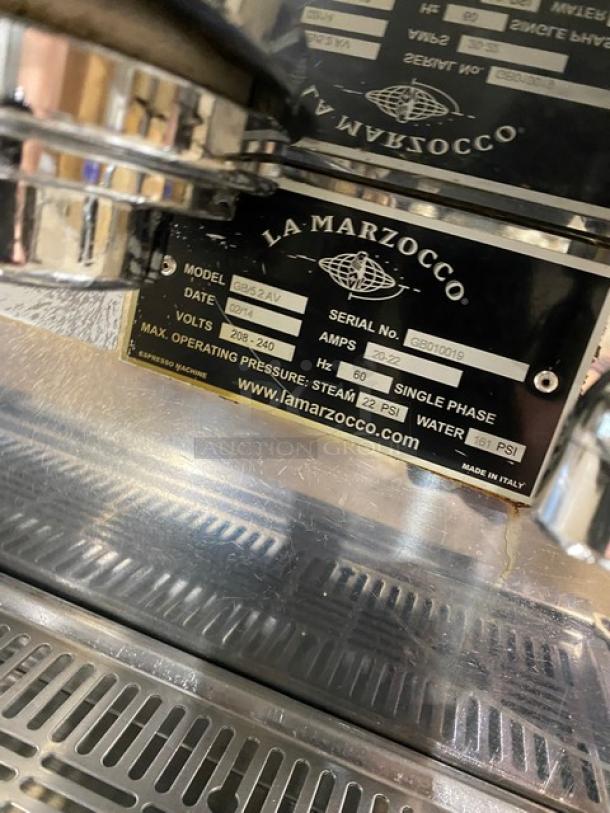 La Marzocco GB/5 2 AV espresso machine with steam wand and drip tray. Model GB52AV, stainless steel, 2014. Serial GB010019.