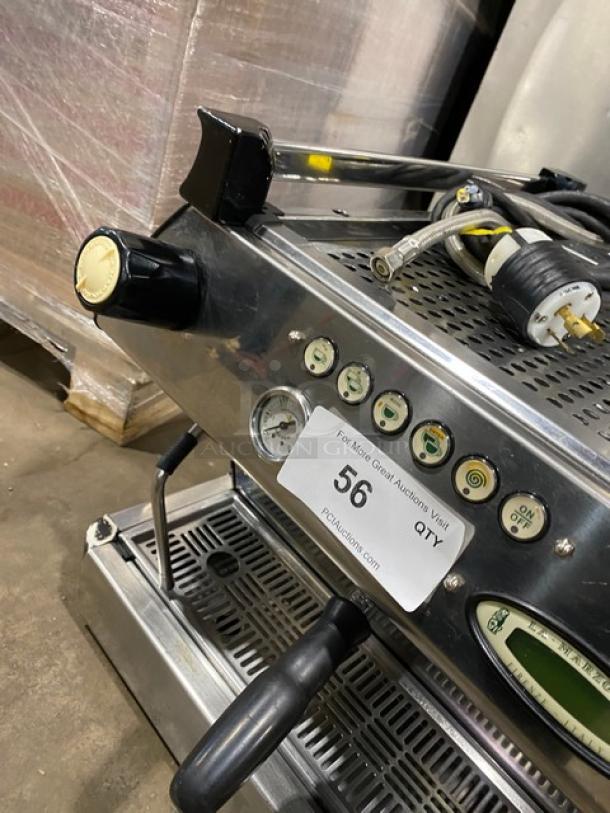 La Marzocco GB52AV espresso machine, stainless steel, 2 group, automatic, steam wand, drip tray, control knobs visible.
