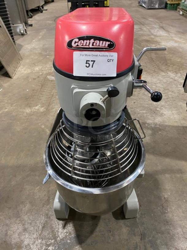 Centaur MAC20 20 Qt. planetary mixer, stainless steel bowl guard, mixing bowl, wired whisk, aluminum beater, dough hook.