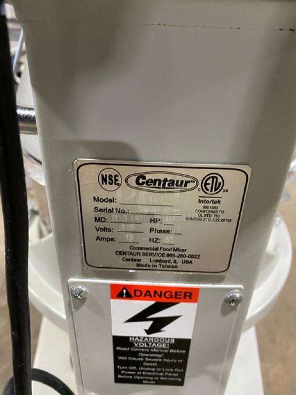 Centaur MAC20 20 Qt. planetary mixer, 2018 model, with stainless steel bowl guard, whisk, beater, dough hook, 115V, 1 phase.