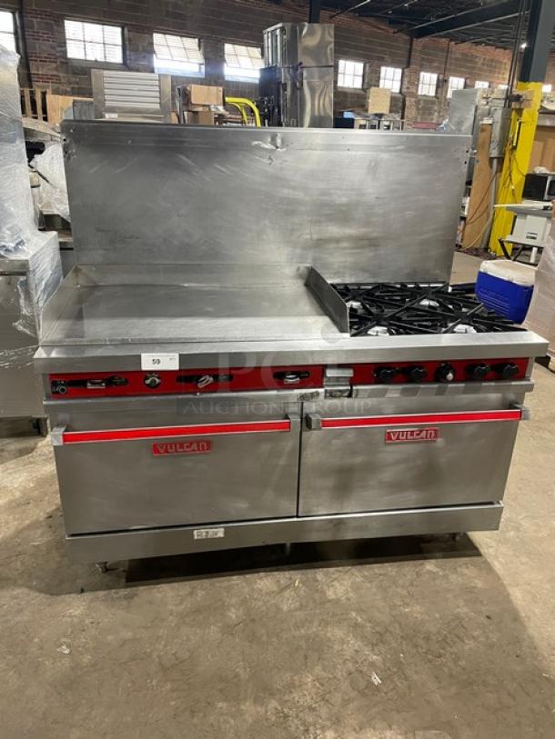 Vulcan commercial stainless steel split-top griddle, 4-burner range, double oven combo with backsplash and wired oven rack.