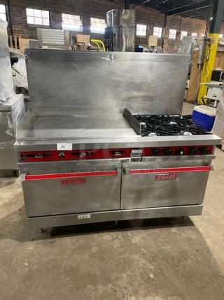 Vulcan Commercial Stainless Steel Natural Gas Powered Split-Top Flat Griddle/4 Burner Range & Double Oven Combo! With Back Splash! With Wired Oven Rack! On Legs! - Item #1210462