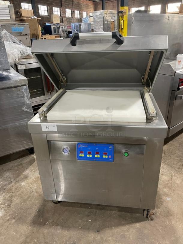 Promax Commercial Stainless Steel Vacuum Tray Sealer, electric powered, with digital controls, on casters, working condition.