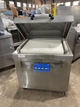 Promax Commercial Stainless Steel Vacuum Tray Sealer, electric powered, with digital controls, on casters, working condition.
