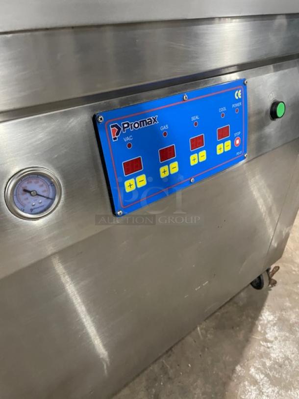 Promax stainless steel vacuum tray sealer with digital controls. Features single chamber, casters, condition noted as working.