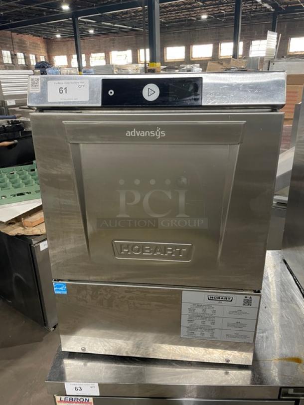 Hobart Advansys LXNR stainless steel undercounter dishwasher. Energy Star Certified, with peg rack. Model LXNR, SN: 231262127.