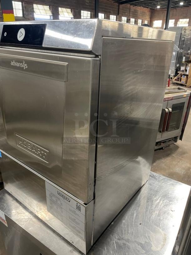 Hobart Advansys LXNR undercounter dishwasher, stainless steel, Energy Star certified, peg rack, model number visible.