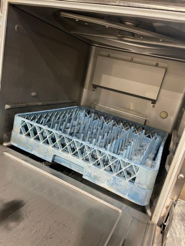 Hobart Advansys LXNR stainless steel undercounter dishwasher, Energy Star certified, includes blue peg rack, model LXNR.