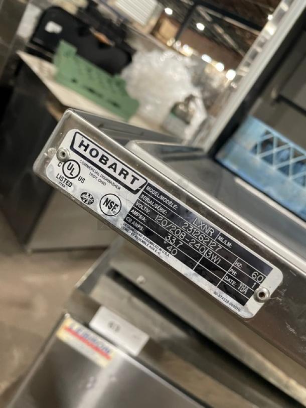 Hobart Advansys LXNR stainless steel undercounter dishwasher with peg rack. Energy Star certified. Model LXNR, SN 231262127.