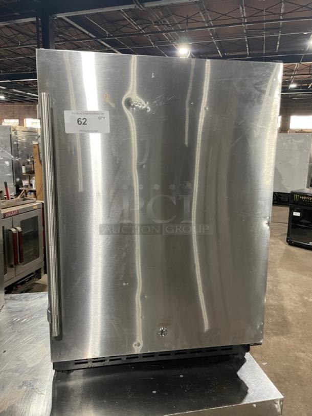 Summit FF64BCSS stainless steel single door refrigerator, 24" built-in, adjustable shelving, model label visible, indoor/outdoor use.