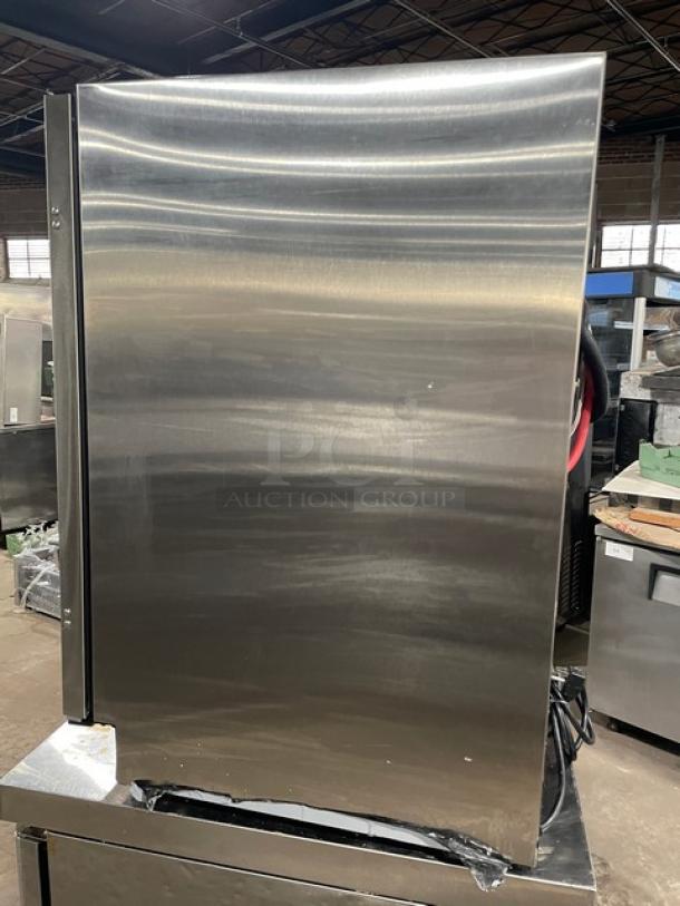 Summit FF64BCSS stainless steel refrigerator, single door, 24" built-in, adjustable shelving, 2018 model, SN: 2018-07-1044.