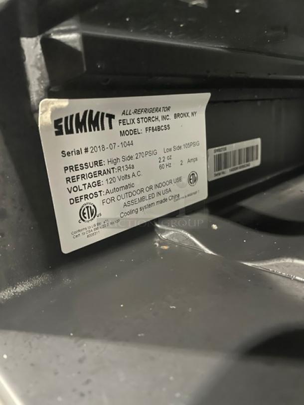Summit FF64BCSS single door refrigerator label, showing model, serial number 2018-07-1044, and specs.