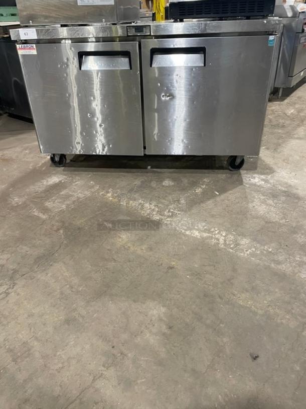 Atosa 2016 stainless steel 2-door undercounter worktop refrigerator, model MGF8403, on casters, Energy Star certified.
