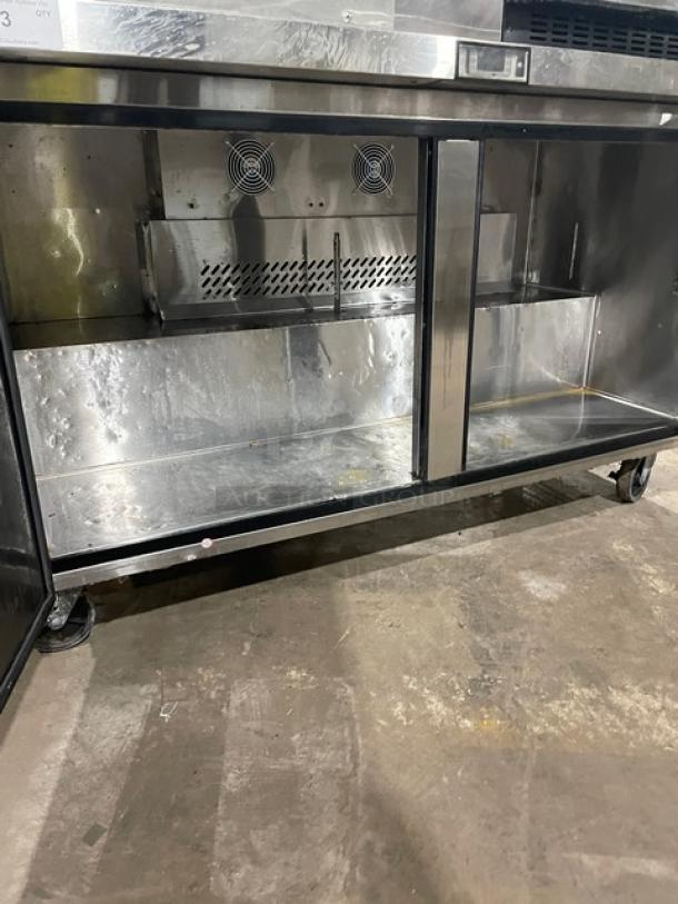 Atosa 2016 commercial stainless steel 2-door undercounter refrigerator, model MGF8403, Energy Star certified, on casters.