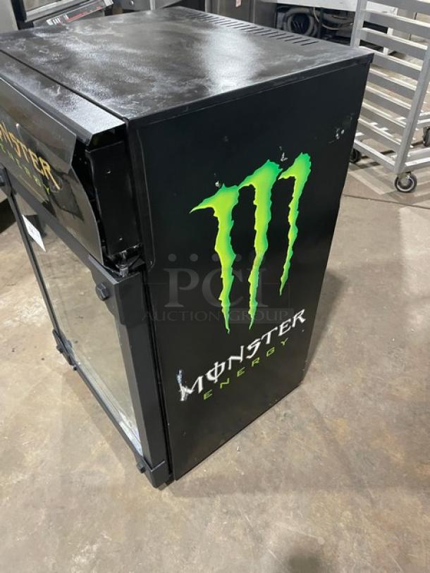 IDW.Global Monster Style Commercial Beverage Merchandiser Refrigerator, Model G6CB, single glass door, black, with wired rack, Energy Star certified.