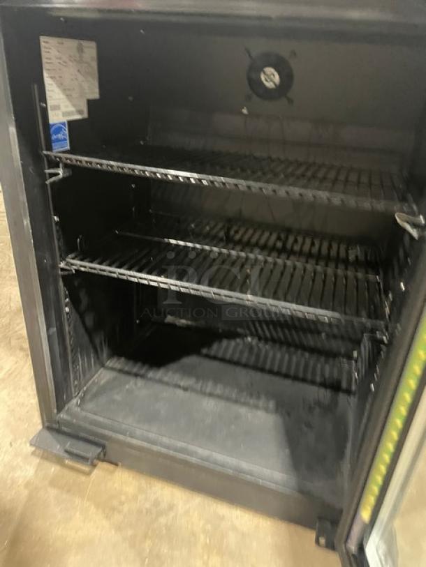 IDW.Global G6CB commercial black single glass door beverage merchandiser refrigerator with wired rack, Energy Star certified.