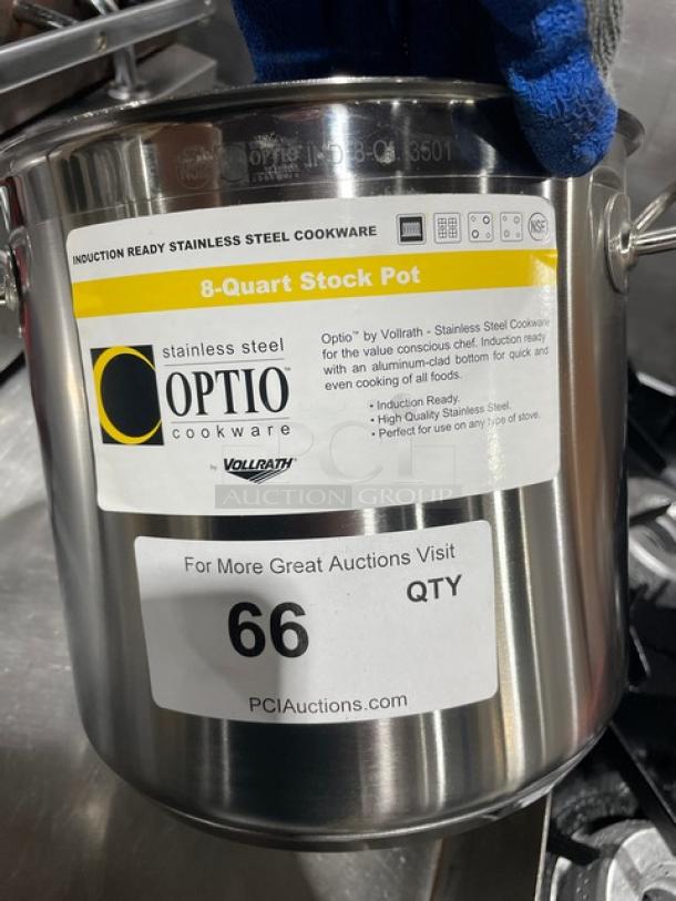 Vollrath Optio Series 8 Qt. stainless steel stock pot, model 3501. New, induction ready, with lid and handles.