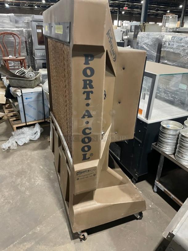 Port-A-Cool Jet Stream 2400 Series evaporative cooler, model PACJS2400, tan, on casters, commercial use.
