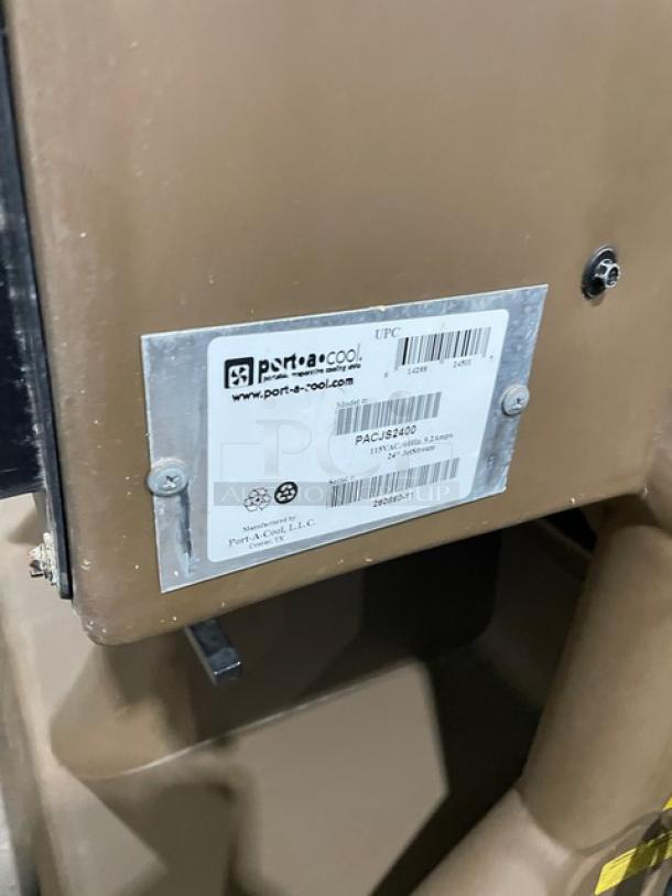 Port-A-Cool Jet Stream 2400 evaporative cooler, Model PACJS2400, 115V, on casters, serial number 260860-11, seen with label.