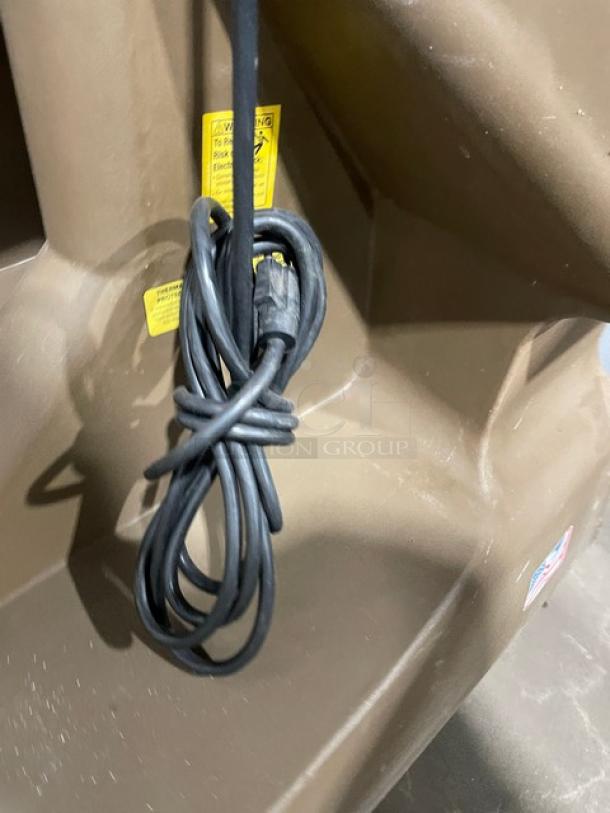 Port-A-Cool Jet Stream 2400 cooler cord, PACJS2400 model, durable design, mounted on casters, 115V, warning labels visible.