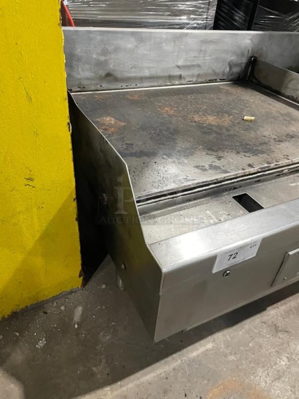 WoodStone stainless steel natural gas griddle, model WS-PL-4836-4-CT, with back & side splash, on legs, used condition.