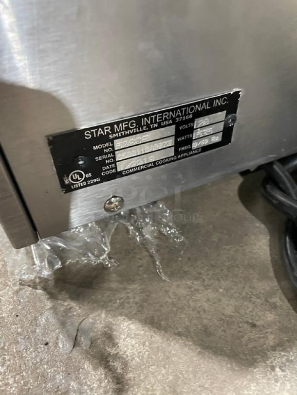 Star Grill-Max Pro Series stainless steel hot dog roller grill, Model 50SCE, 120V, commercial use, visible manufacturer label.