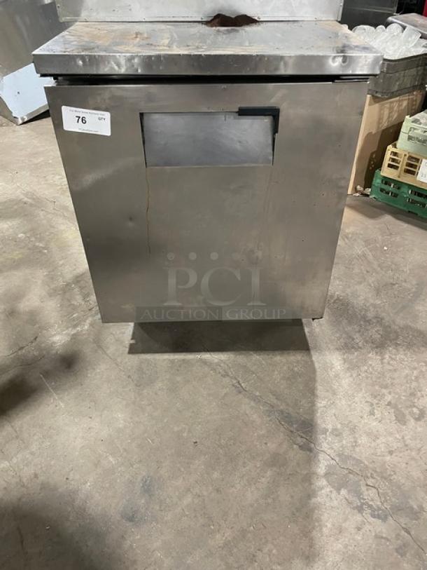 True Commercial TUC-27 stainless steel undercounter refrigerator, single door, chrome plated rack, on casters, model TUC-27.