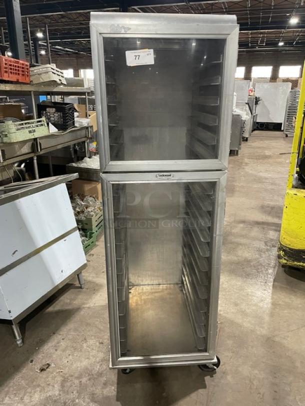Lockwood CA72RR18SR commercial clear half door cabinet with built-in pan slides on casters. Display/transport model.
