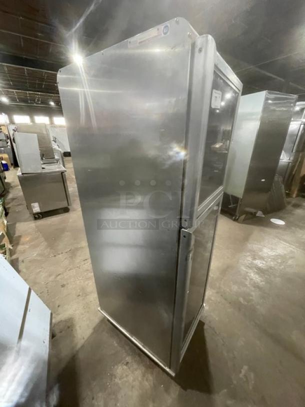 Lockwood CA72RR18SR display/transport cabinet, clear half door, built-in pan slides, on casters, stainless steel, commercial use.