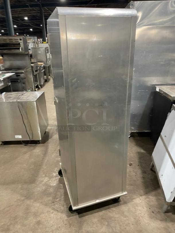 Lockwood CA72RR18SR commercial display/transport cabinet, clear half door, built-in pan slides, on casters, stainless steel.