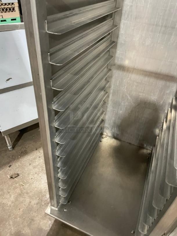 Lockwood CA72RR18SR commercial clear half door cabinet with built-in pan slides, on casters. Single section, excellent condition.