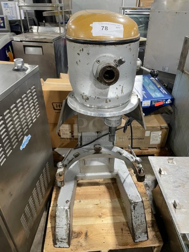 Commercial electric powered heavy-duty planetary mixer, Model MIX8140, SN 71864, 220V, 1 phase, on legs, visible wear.