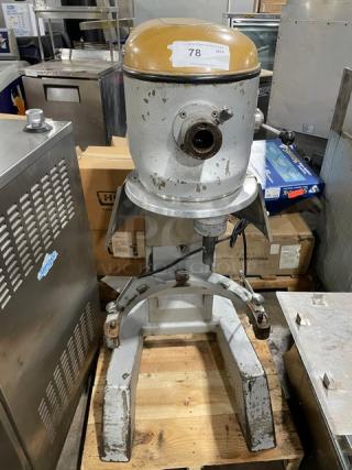 Commercial electric powered heavy-duty planetary mixer, Model MIX8140, SN 71864, 220V, 1 phase, on legs, visible wear.