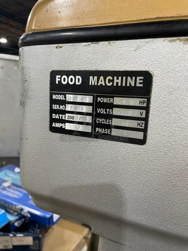 Commercial heavy-duty planetary mixer, model MIX8140, SN: 71864, 220V, 1.5 HP, 1 phase, on legs, shown with label.