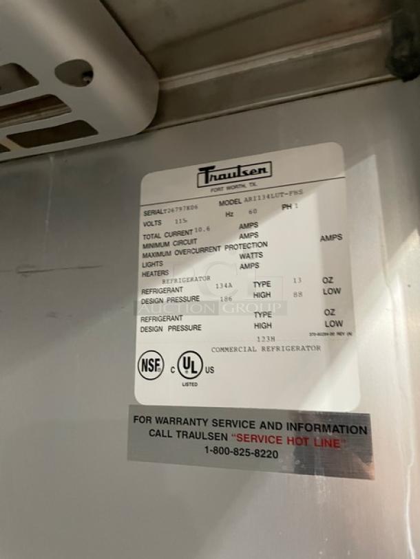 Traulsen Commercial Refrigerator label showing model ARI134LUTFHS, serial T26797K06, 115V, 1 phase. NSF and UL listed.