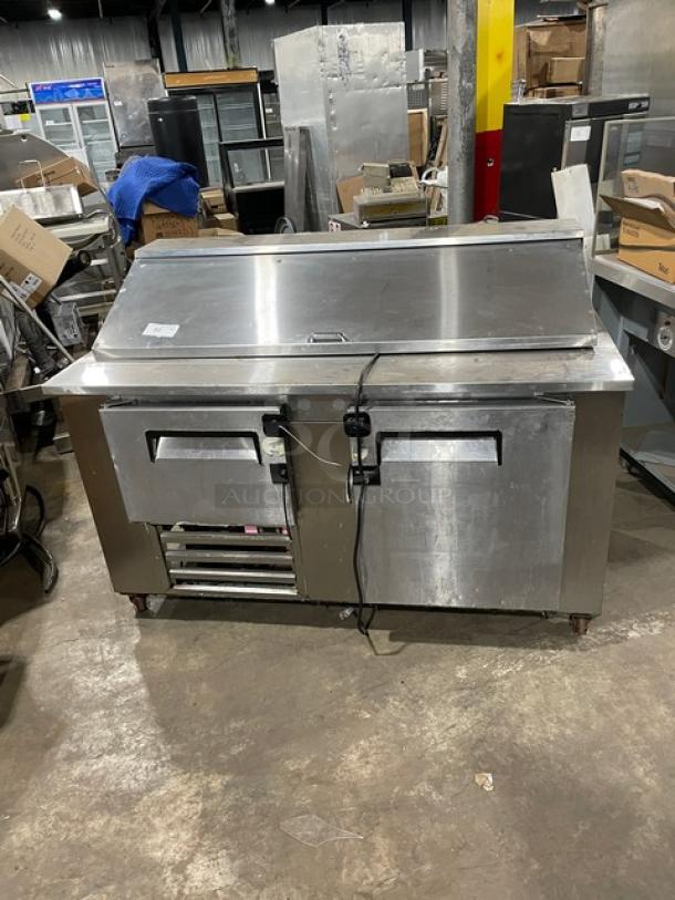 CoolTech 2021 stainless steel 2-door refrigerated salad/sandwich prep table, model CTR-60BM, on casters, with poly-coated rack.