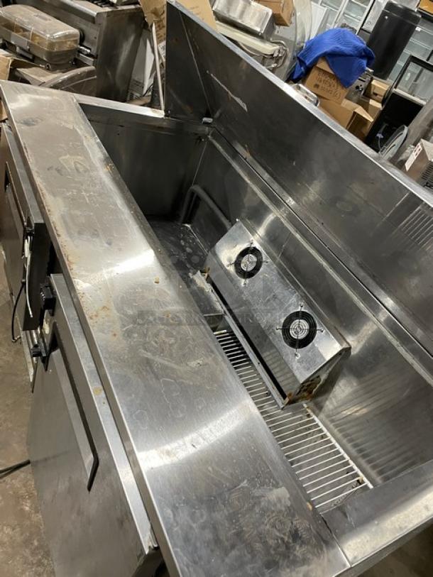 CoolTech CTR60BM stainless steel refrigerated bain marie prep table with poly coated rack, 2 doors, 120V, on casters.