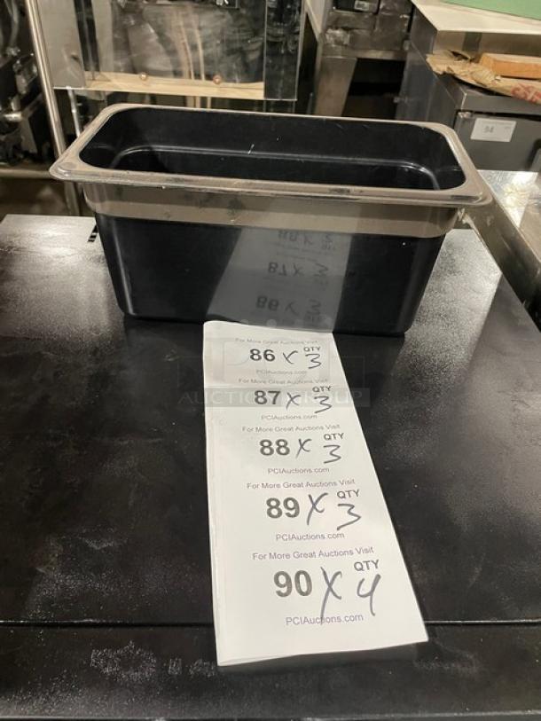 Cambro commercial black food pan, durable plastic, excellent condition. Auction lot tag specifies 3X quantity available.