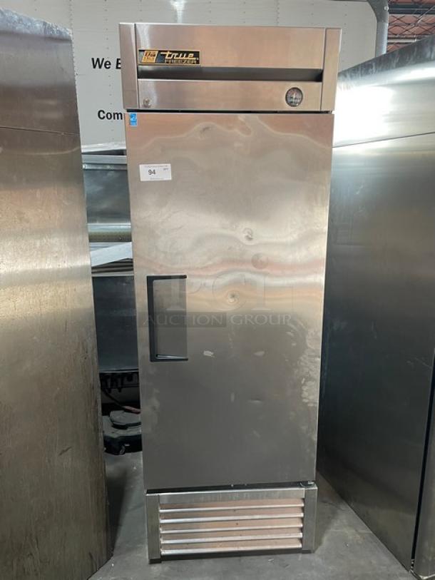 True Commercial Stainless Steel Single Door Reach-In Freezer, Model T-23F, Energy Star Certified, with poly-coated wire rack.