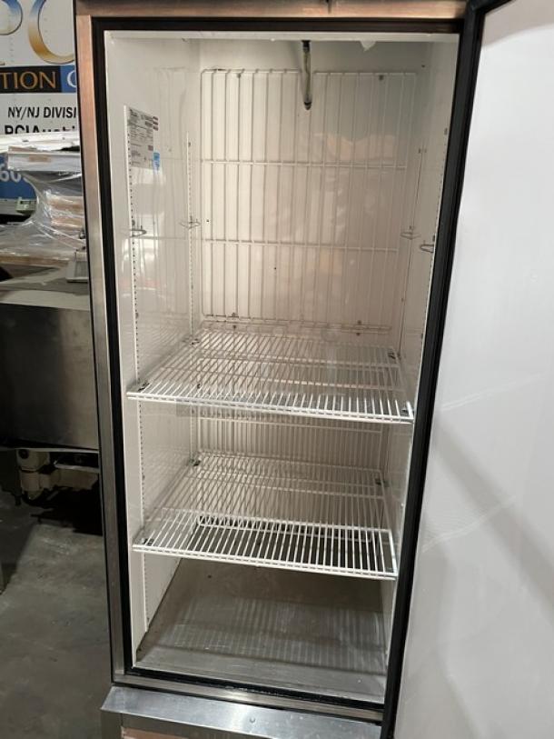 True T-23F commercial stainless steel reach-in freezer, Energy Star certified, single solid door, poly-coated wired rack, 115V.