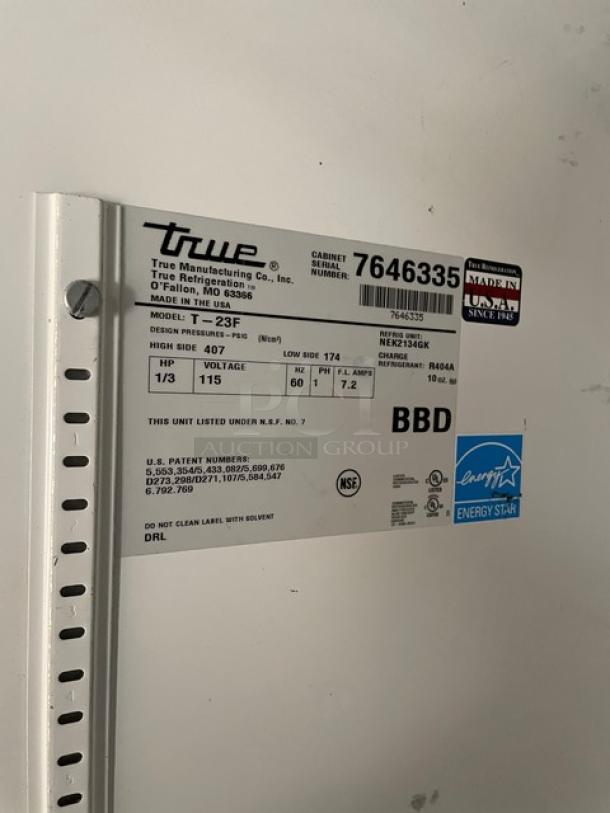 True T-23F Commercial Stainless Steel Single Door Reach-In Freezer, Energy Star, with poly-coated wire rack, SN: 7646335.