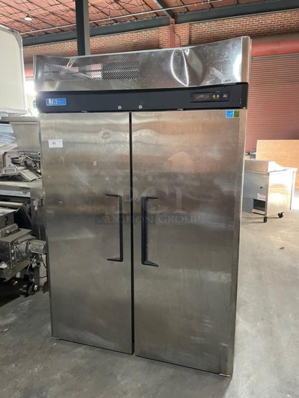 Turbo Air M3 Series stainless steel two-door reach-in freezer, model M3F47-2, Energy Star certified, with poly-coated racks.