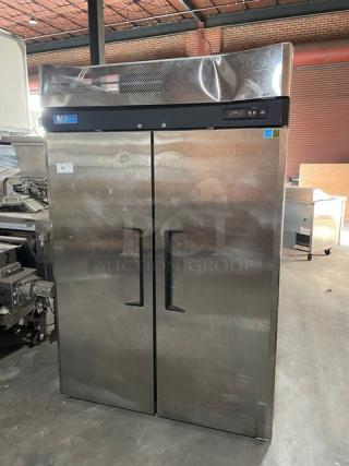 Turbo Air M3 Series stainless steel two-door reach-in freezer, model M3F47-2, Energy Star certified, with poly-coated racks.