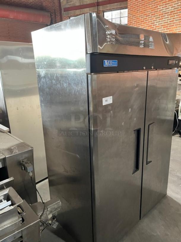 Turbo Air M3 Series stainless steel 2-door freezer, Model M3F47-2, with poly-coated wired rack. Energy Star certified.