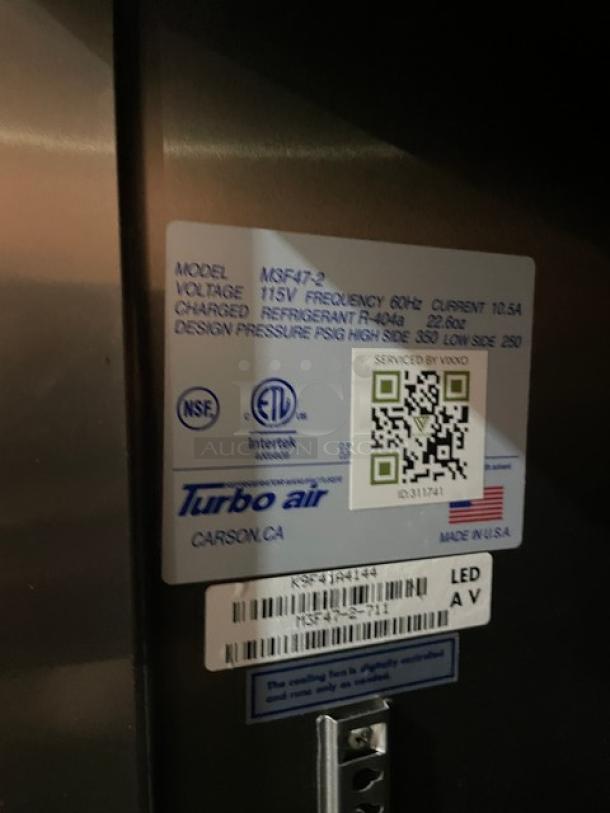 Turbo Air M3F472 2-door freezer label, showing Energy Star certification, 115V, NSF, and ETL markings. Serial: K9F41A4144.
